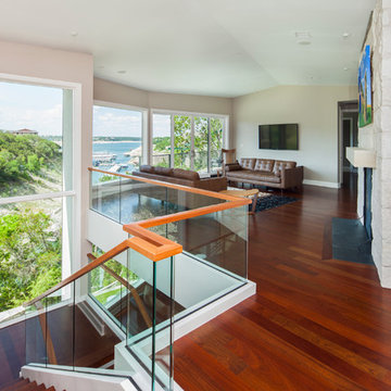 Staircase to living room— 2014 Lakeway Warm Contemporary Waterfront Custom Home