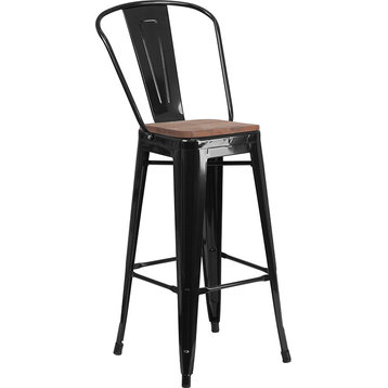 30" High Black Metal Barstool With Back and Wood Seat