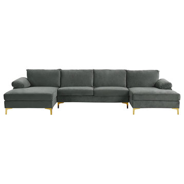 Modern Sectional Sofa, Golden Metal Legs & Extra Wide Chaise Lounge, Dark Grey