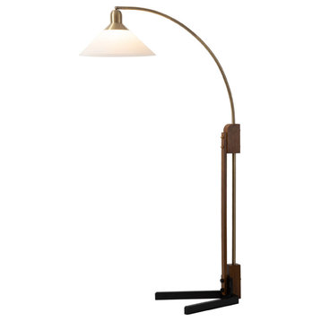 Melmar Chairside Arc Floor Lamp -Weather Brass and Walnut, Dimmer Switch, V-Base