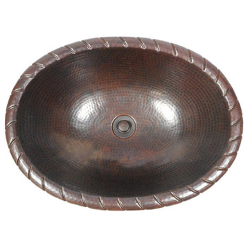 19" Oval Copper Bath Sink with Decorative Rope Edging, Drain Included