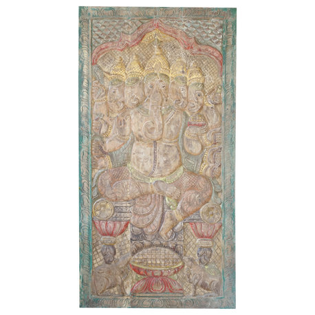 Consigned Vintage Carved Wood Panchmukhi Ganesha Zen Wall Sculpture Door