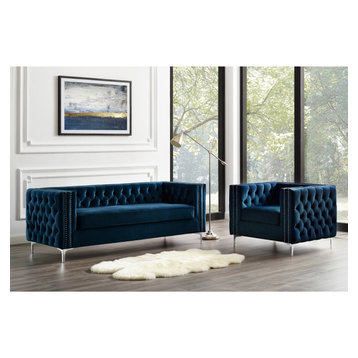 Jeannie Velvet 3-Seat Sofa Button Tufted With Metal Legs, Navy