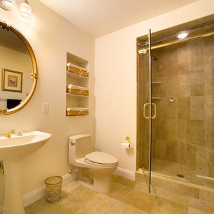 Large elegant master beige tile and ceramic tile ceramic floor alcove shower photo in Philadelphia with a pedestal sink, a one-piece toilet and beige walls