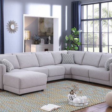 Penelope 120" Light Gray Linen Reversible 7Pc Modular Sectional Sofa with Ottoma