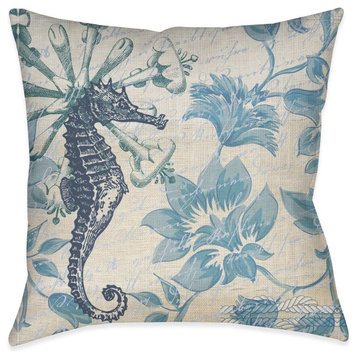 Blue Floral Seahorse Decorative Pillow, 18"x18"