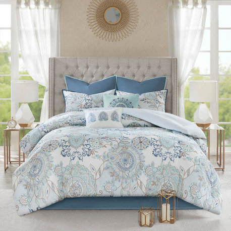 Madison Park Isla 8 Piece Cotton Floral Printed Reversible Comforter Set in Blue