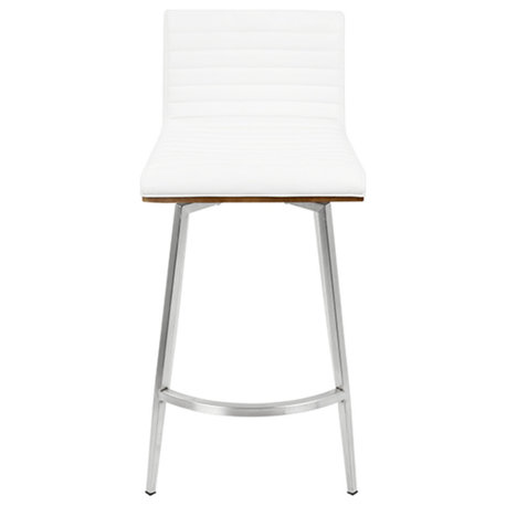 Mason Swivel Counter Stool, Set of 2, Stainless Steel/White PU/Walnut Wood