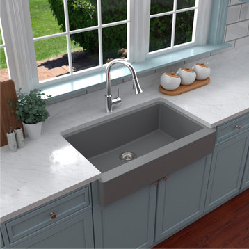 Karran Retrofit Farmhouse Quartz 34" Single Bowl Sink, Grey