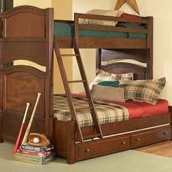 B1422-1F CLASSIC KID WARM BROWN CHERRY WOOD TWIN FULL BUNK BED TRUNDLE - Bunk Beds