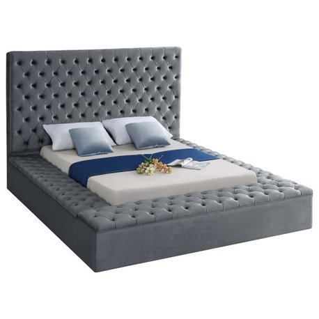 Bliss Velvet Upholstered Bed, Gray, King