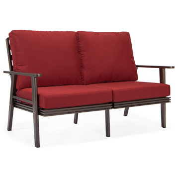 Leisuremod Walbrooke Patio Loveseat With Brown Aluminum Frame, Red