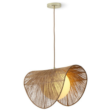 Sovev Bohemian 1-Light Pendant, Polished Brass Frosted Glass and Rattan Shade