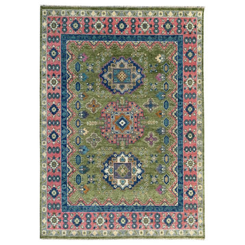EORC Green/Light Fushia Hand Knotted Wool Kazak Collection Rug 8' x 10'