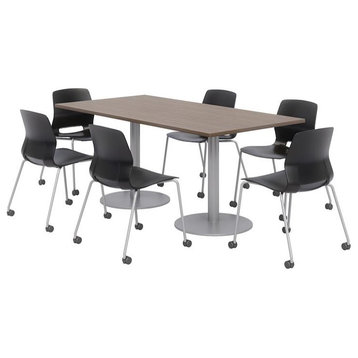 36 x 72" Table - 6 Lola Black Caster Chairs - Teak Top - Silver Base