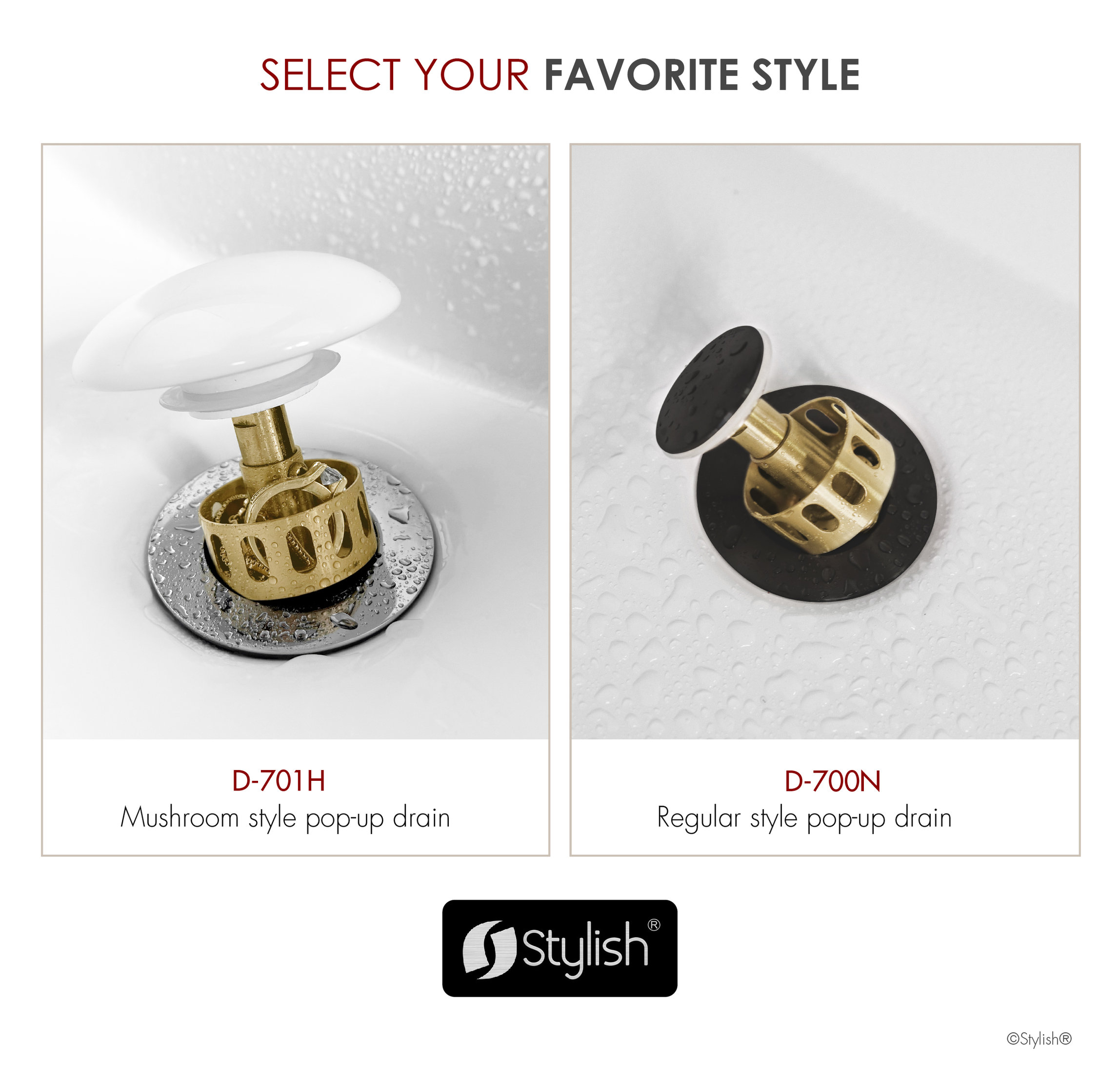 STYLISH Undermount Sink Pop-Up Drain with white ceramic cap with overflow