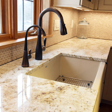 Log Cabin Rustic White Kitchen Cabinets with Granite and Wood Countertops