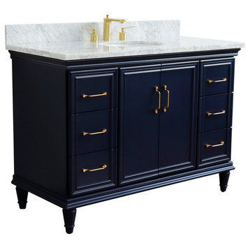 49" Single Sink Vanity, Blue Finish With White Carrara Marble and Oval Sink