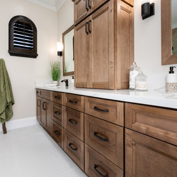 Elegant Vanity and Bathroom Fixtures in Earth Tones Transitional Master Bath