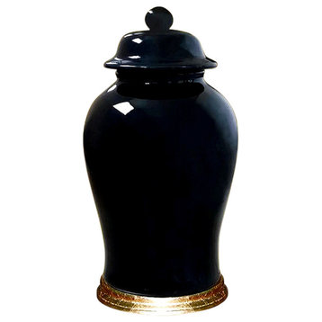 Chinese Porcelain Black Temple Jar With Gold Leaf Wooden Stand 19"