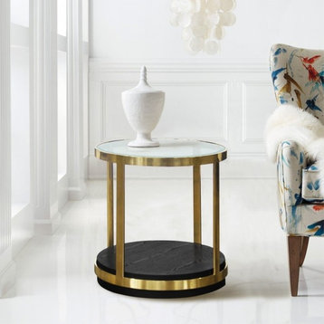 Armen Living Hattie 24" Round Glass Top End Table in Brushed Gold and Black