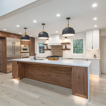 Natural Harmony: Open Concept Kitchen with Wood Island and Open Shelves