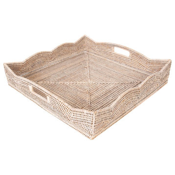Artifacts Rattan™ Scallop Collection Square Tray With Cutout Handles, White Wash, 24"x24"x4.5"