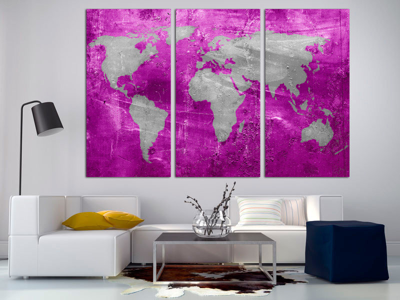 Pink Purple And Silver World Map Canvas Print, 3 Panel Split, Triptych ...