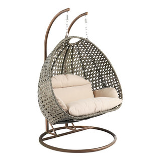 LeisureMod Rattan Wicker Double 2 Person Egg Swing Chair with Stand ...