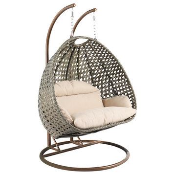 LeisureMod Rattan Wicker Double 2 Person Egg Swing Chair with Stand, Beige
