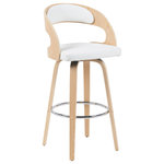 Armen Living - Shelly Bar Height Swivel Stool, Patterned Oak With White Faux Leather - Bring elevated Mid-Century charm and modern versatility to your space with the Shelly Swivel Counter or Bar Height Stool. Designed to offer both visual appeal and everyday comfort, the Shelly features a gently curved wood backrest and a supportive cushioned seat, upholstered in smooth, easy-to-clean faux leather. The open-back design adds breathability and creates a lightweight silhouette that complements a wide range of interior styles'from retro-modern to contemporary. Perfect for kitchens, home bars, or casual dining spaces, the Shelly's 360-degree swivel mechanism lets you move effortlessly and stay engaged in conversation no matter where the action is. The stool's sturdy four-leg wood base is reinforced by a round chrome footrest, offering added stability and relaxed support. Its well-balanced proportions make it an excellent seating choice for both compact apartments and spacious homes. Now available in a range of finishes and upholstery combinations'including our newest variant in Patterned Oak Finish with White Faux Leather Upholstery'the Shelly Collection includes both counter height and bar height options to suit your layout. Whether you're furnishing a breakfast nook or designing a modern entertaining area, the Shelly offers a timeless seating solution that blends durability, comfort, and style.