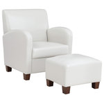 OSP Home Furnishings - Aiden Chair and Ottoman Cream Faux Leather With Medium Espresso Legs - With sophisticated lines and double stitch detailing our Aiden club chair with matching ottoman will elevate any interior. A gentle reclined stance, curved armrests and matching ottoman will provide a laid-back relaxing retreat. The refined silhouette of generous padded back and seat cushion, supported by dense foam and sinuous spring construction, paired with touchable, soft and supple faux leather will provide an appealing design statement. Create a modern vibe in your living room or add a soft throw and accent pillows for a more traditional feel. Ideal for a family room or the final touch to a special guest room. Derive instant gratification with easy 3-step tool-less assembly.