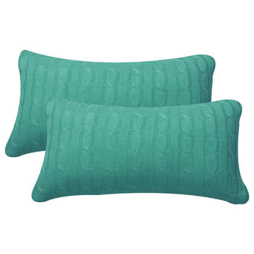 Cable Knit 2 Piece Lumbar Pillow Shell Set, Blue Turquoise, 2 Piece, 14"x26"
