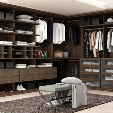 Modern walk-in fitted wardrobe in sepia gladston supplied by Inspired Elements
