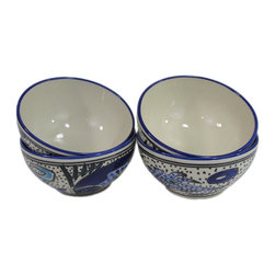 Le Souk Ceramique - Stoneware Soup/Cereal Bowls, Set of 4, Aqua Fish Design - Dining Bowls