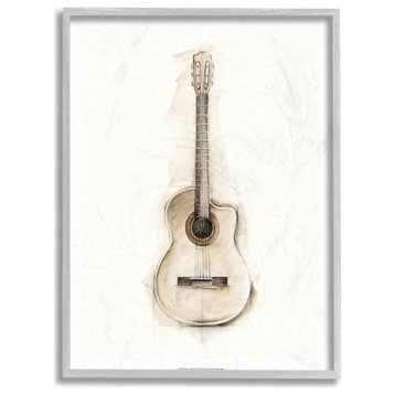 Acoustic Guitar Watercolor Drawing Design, 11"x14", Gray Frame