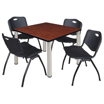 Kee 42" Square Breakroom Table- Cherry/ Chrome & 4 'M' Stack Chairs- Black