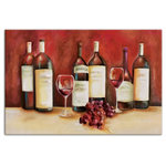 DDCG - "Wine Bottles With Grapes" Canvas Wall Art, 36"x24" - This 36x24 premium gallery wrapped canvas features a red background, multiple red wine bottles, red grapes and wine glass design. The wall art is printed on professional grade tightly woven canvas with a durable construction, finished backing, and is built ready to hang. The result is a remarkable piece of wall art that is worthy of hanging inside your home or office.