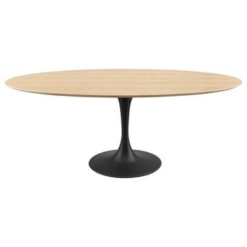 Modern Dining Table, Black Painted Pedestal Base and Natural Oval Shaped Top