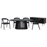 Armen Living - Pasadena Apache 6-Piece Oval Dining Set, Buffet, Black Oak Finish Faux Leather - Bring the timeless style of the mid-century era into your home with the Pasadena Apache 6 Piece Oval Dining Set. This set includes 1 Pasadena 79" Wood Oval Dining Table, 4 Apache Black Oak Wood and Faux Leather Dining Chairs, and 1 4 Door Wood Buffet Cabinet. Crafted with meticulous attention to detail, the oval shape of the table brings a touch of sophistication. With a generous tabletop length of 79 inches and a width of 43 inches, this dining room table features a beautiful solid wood base and concrete bottom for added stability. The Apache chairs showcase a sophisticated blend of Black Oak Wood and Faux Leather, creating a sleek and timeless aesthetic. Their contemporary design ensures they seamlessly integrate into various interior styles, elevating the ambiance of any space. The versatility of these chairs extends beyond the dining room; they make for stylish additions such as vanity chairs or accent pieces, enhancing the aesthetic appeal of any room. The retro allure of mid-century design is present in the slatted paneling on the column structure of the pedestal base, further elevating its appeal, whilst lending its unmistakable character and attractive, architectural-like quality. This buffet is a seamless blend of form and utility. The four-door design opens to reveal ample storage space with two levels of shelves, ideal for keeping your dining essentials organized and within easy reach. Two matching wooden shelves are included, offering an elegant display area for showcasing your cherished dinnerware or decorative items. The shelves are adjustable to 3 available heights, allowing you to customize the interior to accommodate items of various sizes, ensuring a clutter-free and visually appealing space. Use it as a stylish sideboard, an entry cabinet that welcomes guests with its polished charm, or a versatile storage cabinet in the kitchen. Each piece of this 6-piece dining set offers multifunctional appeal and due to the craftsmanship and quality materials it&rsquo;s comprised of, it can be enjoyed for many years to come. The Pasadena Apache 6 Piece Oval Dining Set comes complete with the Apache Black Oak Wood and Faux Leather Dining Chairs, the Pasadena 4 Door Wood Buffet Cabinet with Black Oak Finish and one of 2 different color variations for the Pasadena table. This oval dining table is available in an all-black oak finish, or a walnut tabletop finish with a black base to suit any room.