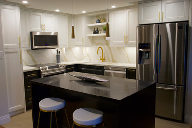 Inspiration for a small transitional l-shaped ceramic tile and beige floor kitchen remodel in Toronto with an undermount sink, quartzite countertops, white backsplash, stainless steel appliances and an island
