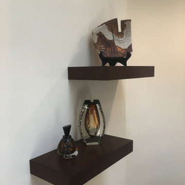 Custom handcrafted wood bathroom vanity dark wood stain, floating shelves