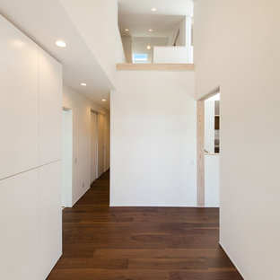 他の地域の引き戸モダンスタイルのおしゃれな玄関 (白い壁、合板フローリング、濃色木目調のドア、茶色い床) の写真