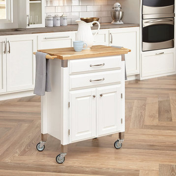 Contemporary Kitchen Cart, 2 Storage Drawers With 2 Doors Cabinet, White Finish