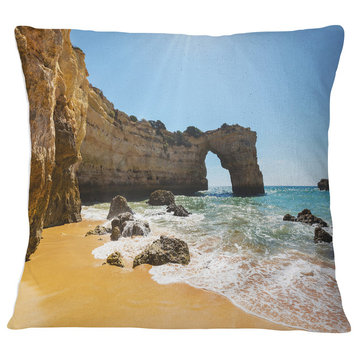 Wide Portugal Beach with White Waters Modern Beach Throw Pillow, 18"x18"