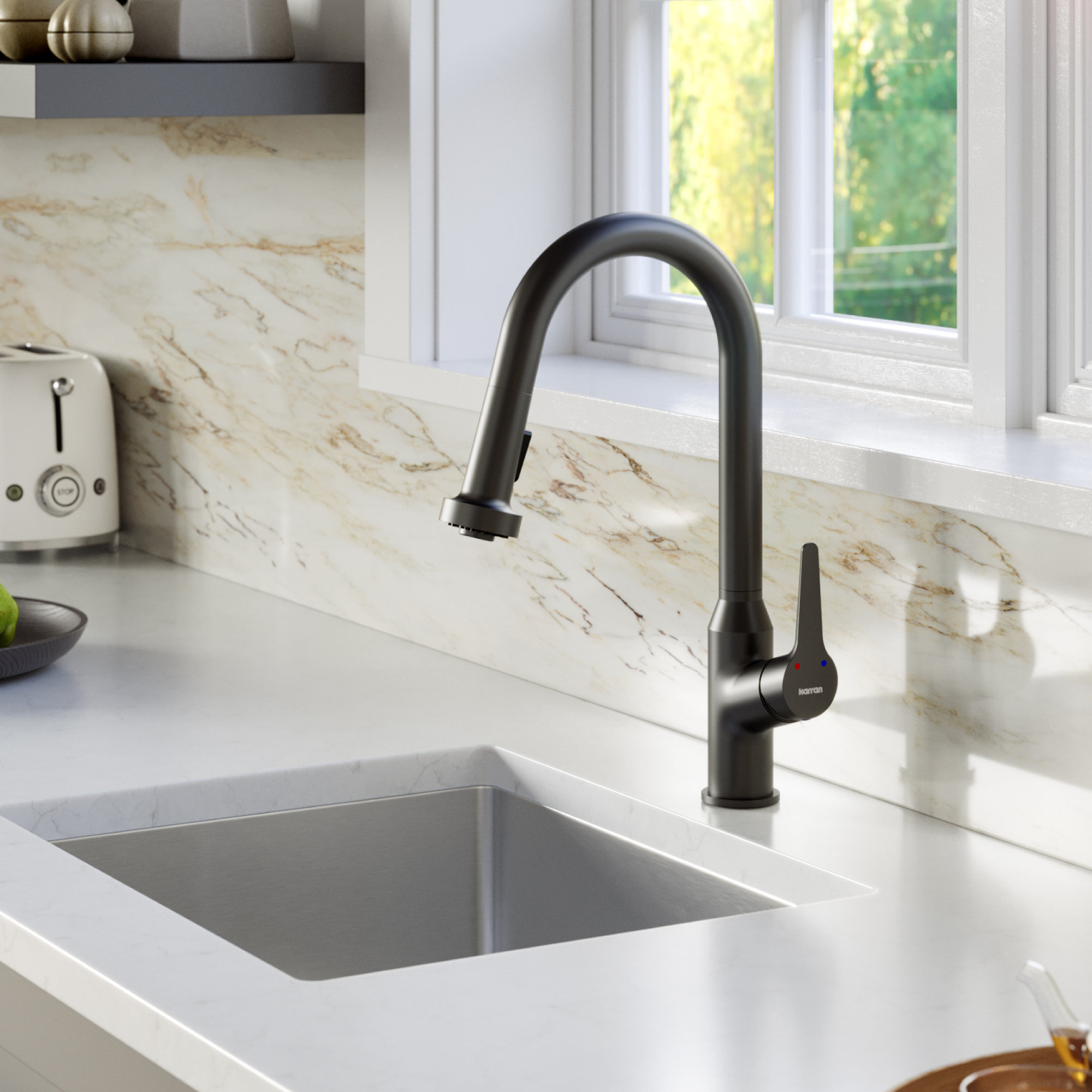 Karran 1-Handle Pull-Down Kitchen Faucet With Soap Dispenser, Matte Black
