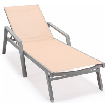 LeisureMod Marlin Patio Chaise Lounge Chair With Arms Gray Frame, Light Brown