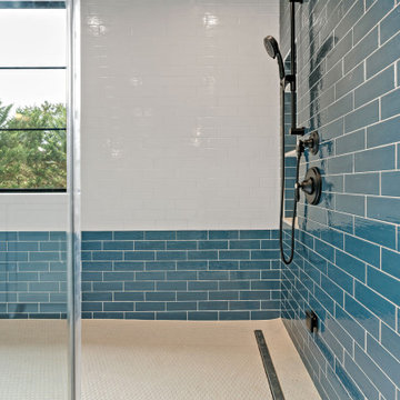 Incredible Blue & White Bath With Wall Bench & Steam Shower