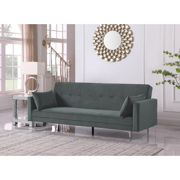 Siena Velvet Convertible Sleeper Sofa With Pillows, Gray