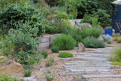 Photo of a mid-sized and australian native country backyard partial sun xeriscape for summer in Melbourne with with pond and mulch.